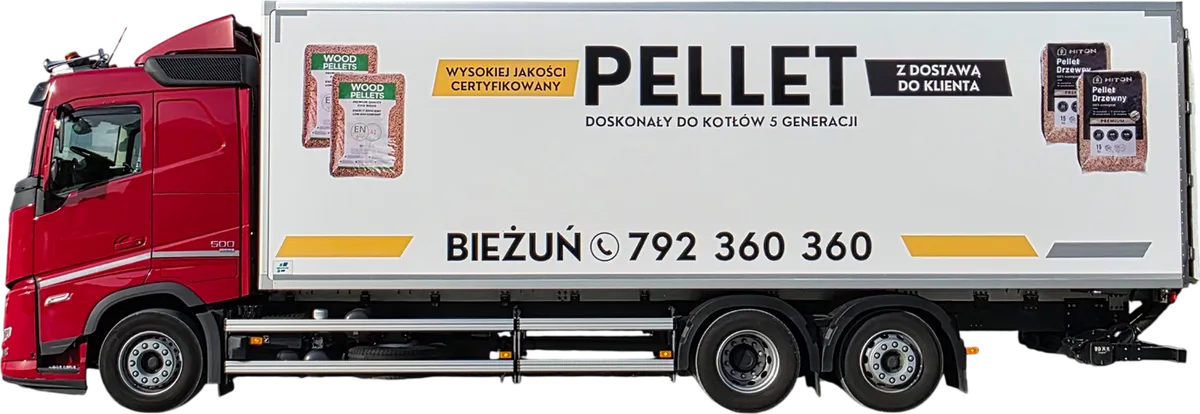 Czerwone Volvo FH z białą zabudową PELLET, z boku