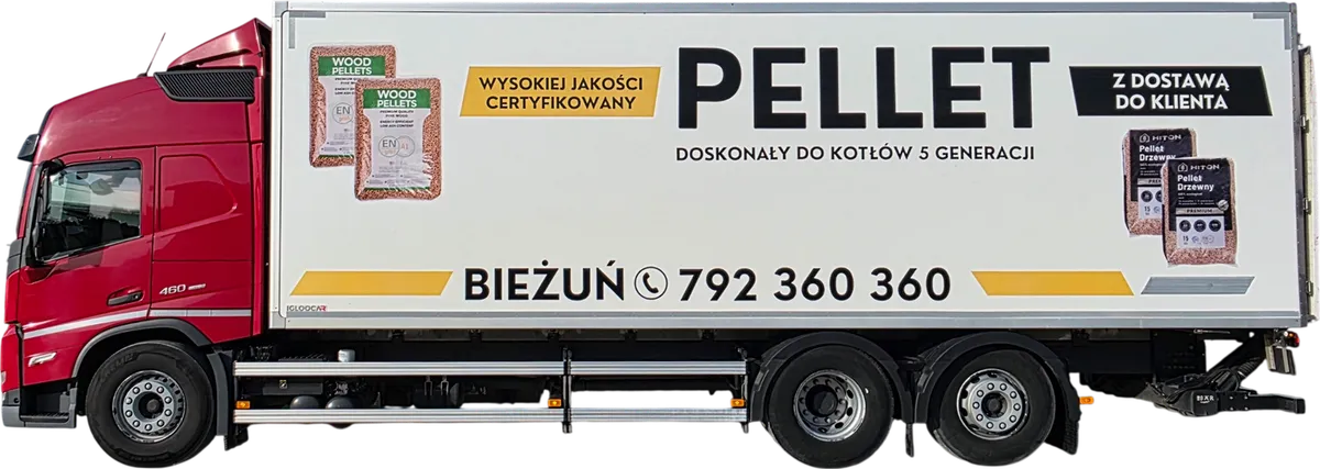 Czerwone Volvo FM z białą zabudową PELLET, z boku