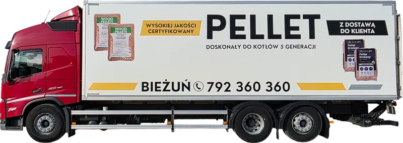 Czerwone Volvo FM z białą zabudową PELLET, z boku