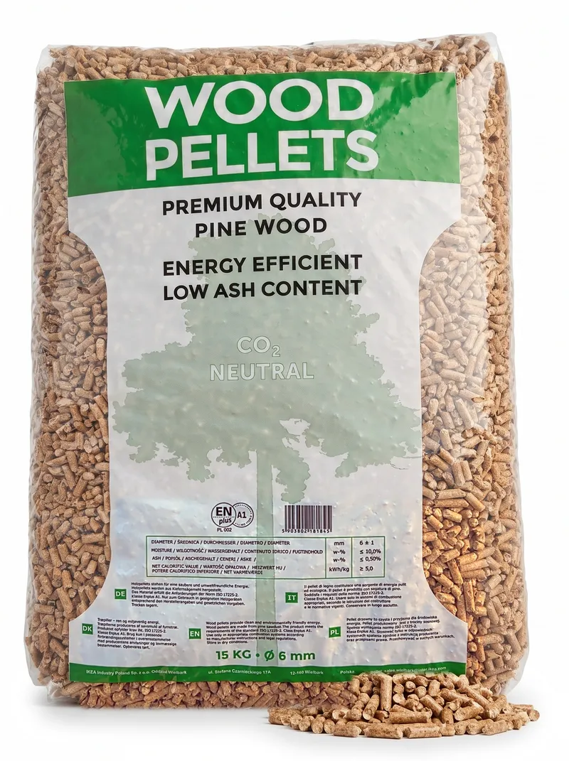 Worek pelletu z napisem „Wood Pellets”